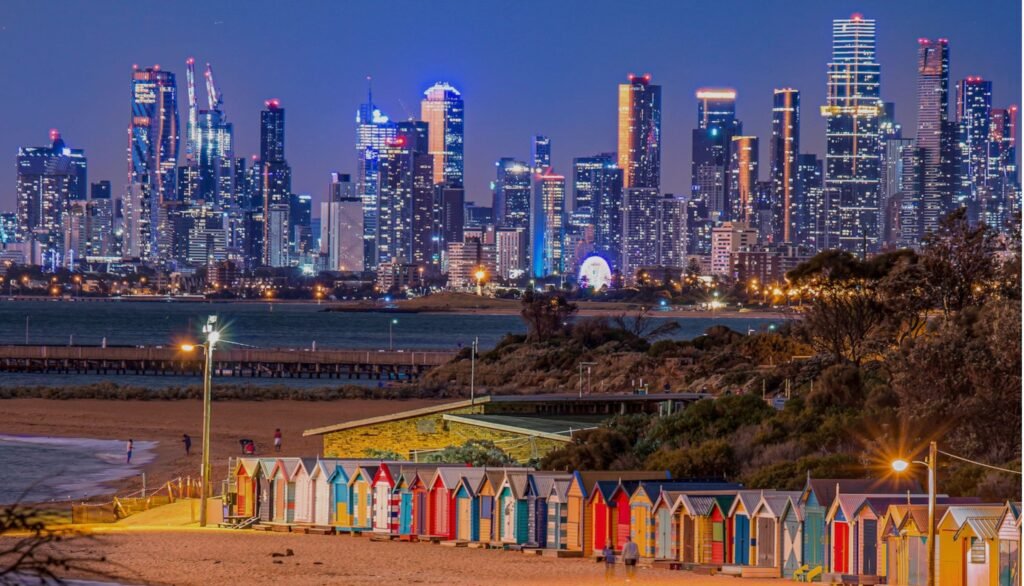 Melbourne City with Skyline and beach boxes
